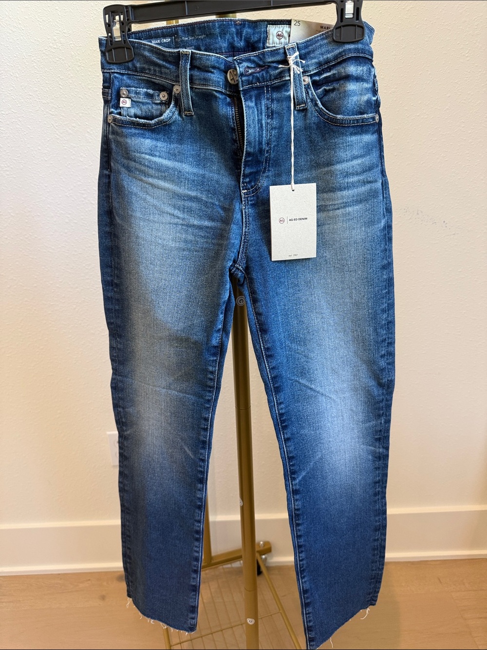 AG Mari Crop High-Rise Slim Straight Jeans in Medium Blue Wash